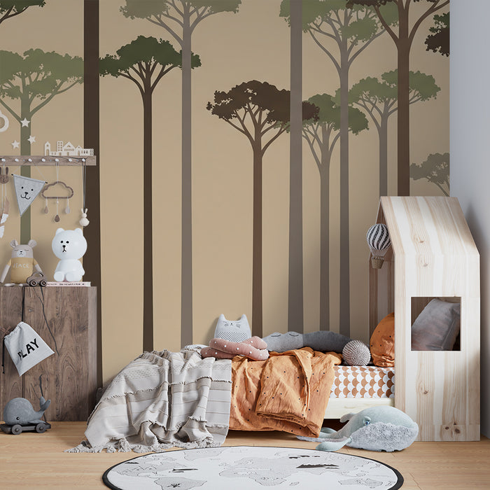 Papel pintado infantil | Bosque tranquilizador con siluetas de árboles elegantes