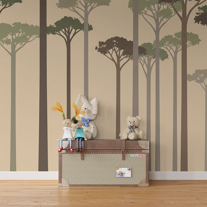 Papel pintado infantil | Bosque tranquilizador con siluetas de árboles elegantes