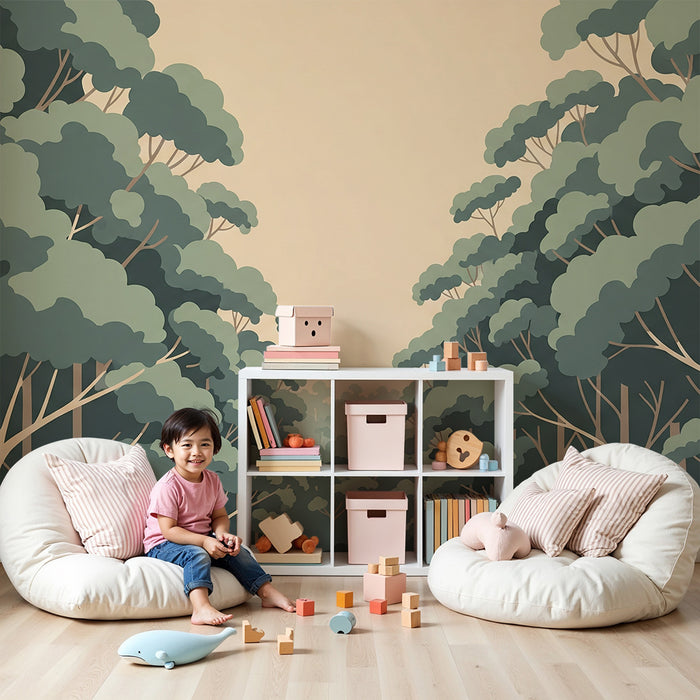 Papier peint chambre enfant | Forêt apaisante composée d’arbres stylisés en tons doux