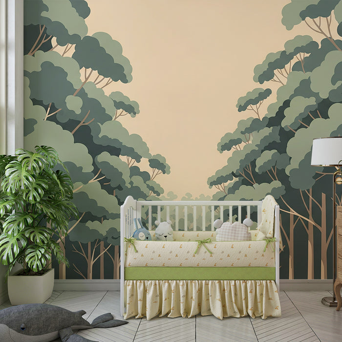 Papier peint chambre enfant | Forêt apaisante composée d’arbres stylisés en tons doux