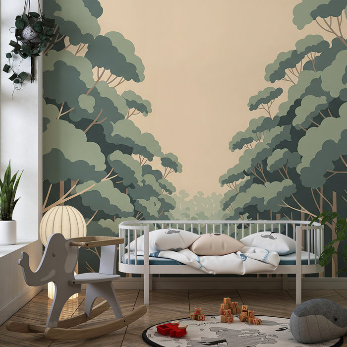Papier peint chambre enfant | Forêt apaisante composée d’arbres stylisés en tons doux