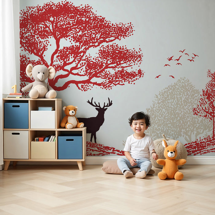 Papel pintado infantil | Bosque de otoño con ciervo