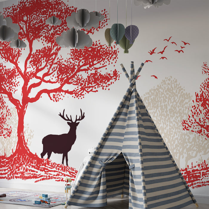 Papel pintado infantil | Bosque de otoño con ciervo
