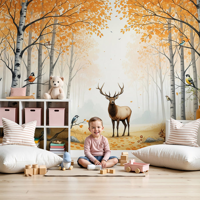 Kids' room wallpaper | Autumn forest with deer and animals
