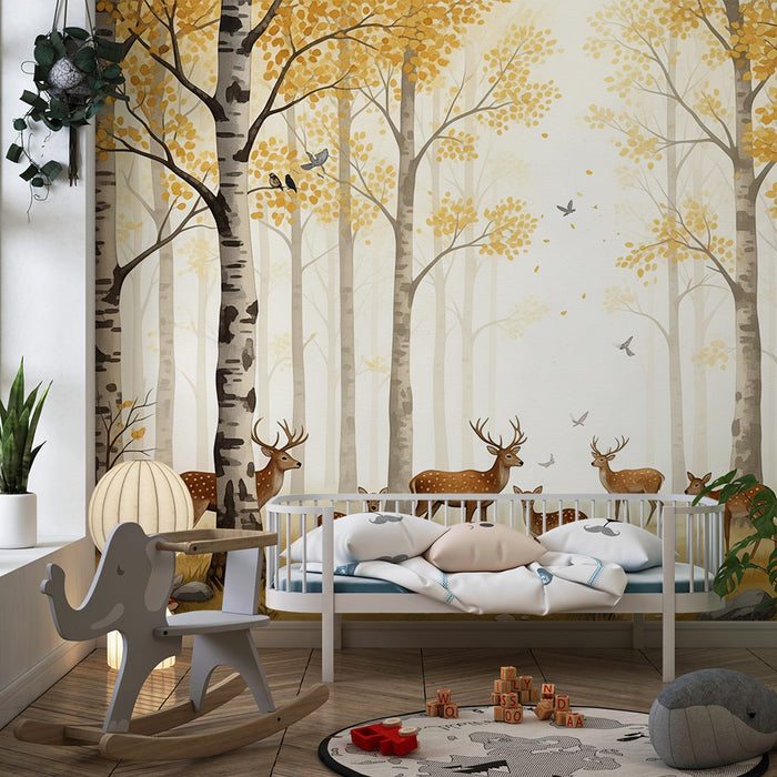 Papel de parede criança | Floresta outonal com veados e folhagem dourada