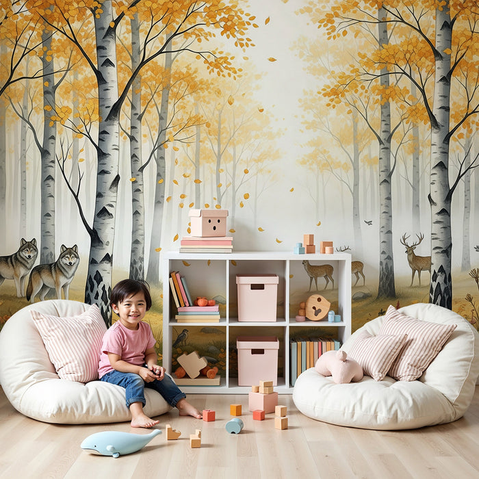 Papel pintado infantil | Bosque otoñal con lobos y ciervos