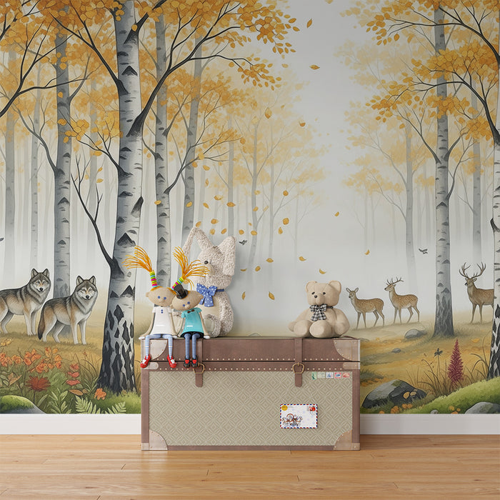 Papel pintado infantil | Bosque otoñal con lobos y ciervos