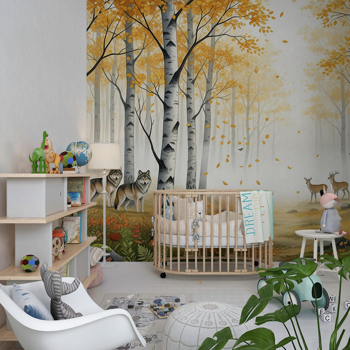 Papel pintado infantil | Bosque otoñal con lobos y ciervos