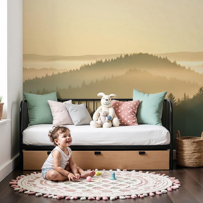 Kids room wallpaper | Misty forest at sunrise with yellow hues