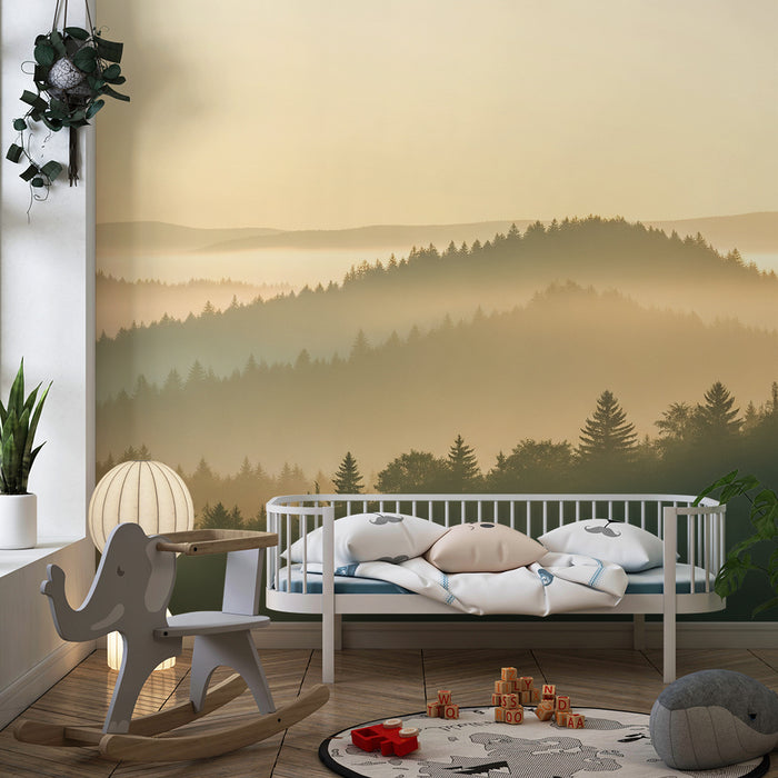 Kids room wallpaper | Misty forest at sunrise with yellow hues