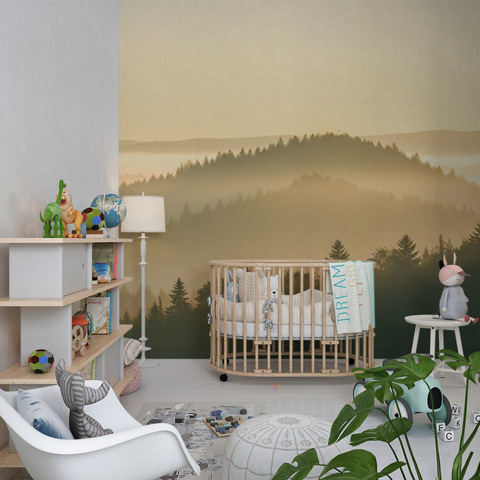 Kids room wallpaper | Misty forest at sunrise with yellow hues