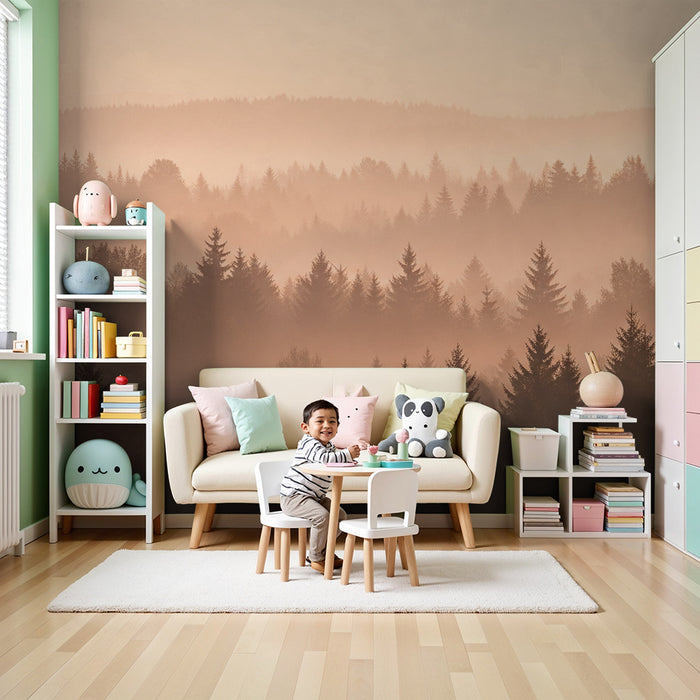 Papier de parede otroška soba | Meglena gozdna pokrajina ob sončnem vzhodu v toplih odtenkih