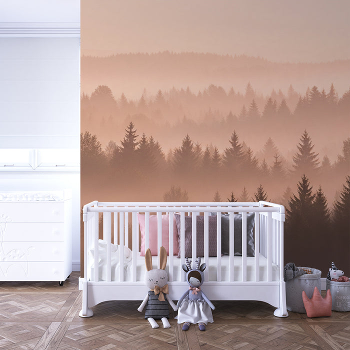 Papier de parede otroška soba | Meglena gozdna pokrajina ob sončnem vzhodu v toplih odtenkih