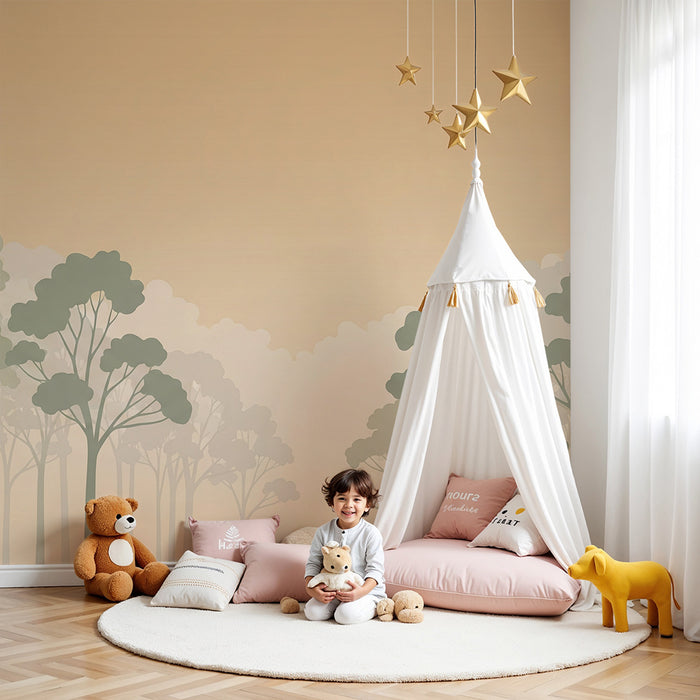 Papier peint chambre enfant | Forêt brumeuse avec arbres délicats