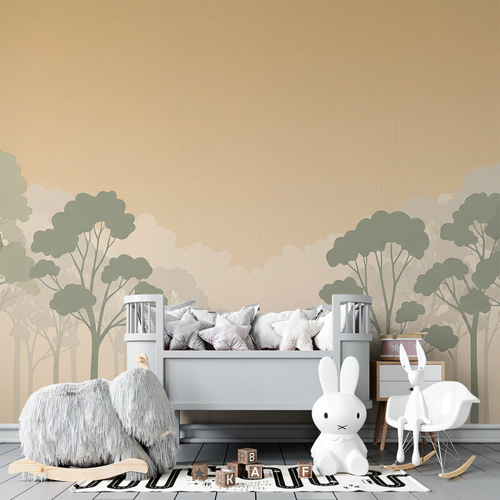 Papier peint chambre enfant | Forêt brumeuse avec arbres délicats