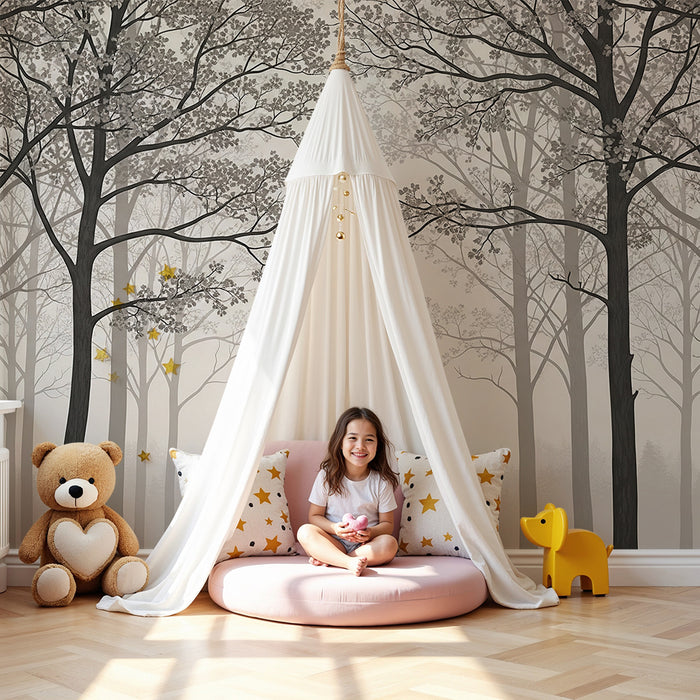 Papel de parede infantil | Floresta nebulosa com árvores delicadas