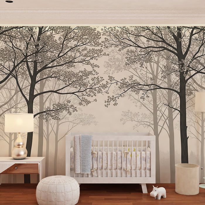 Papel de parede infantil | Floresta nebulosa com árvores delicadas