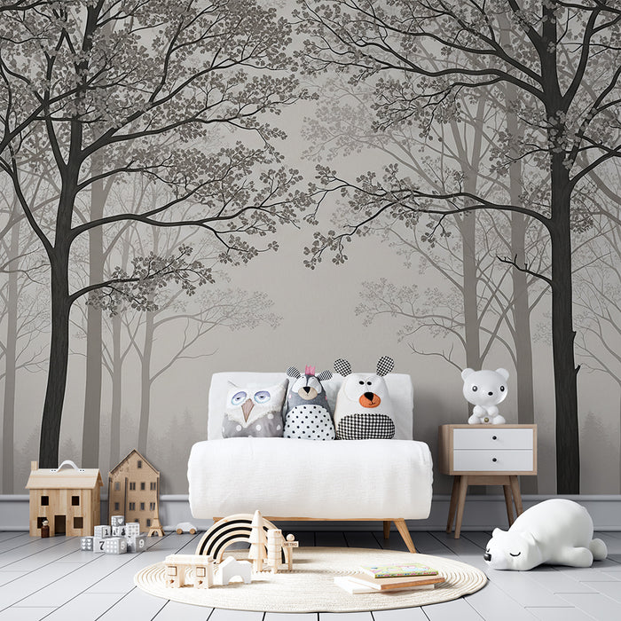 Papel de parede infantil | Floresta nebulosa com árvores delicadas