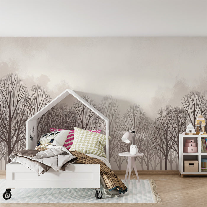 Kinderzimmer Tapete | Nebeliger Wald mit eleganten Bäumen