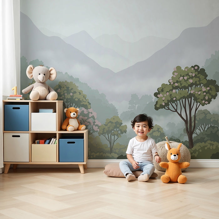 Kinderzimmer Tapete | Nebelwald mit Bäumen und Bergen