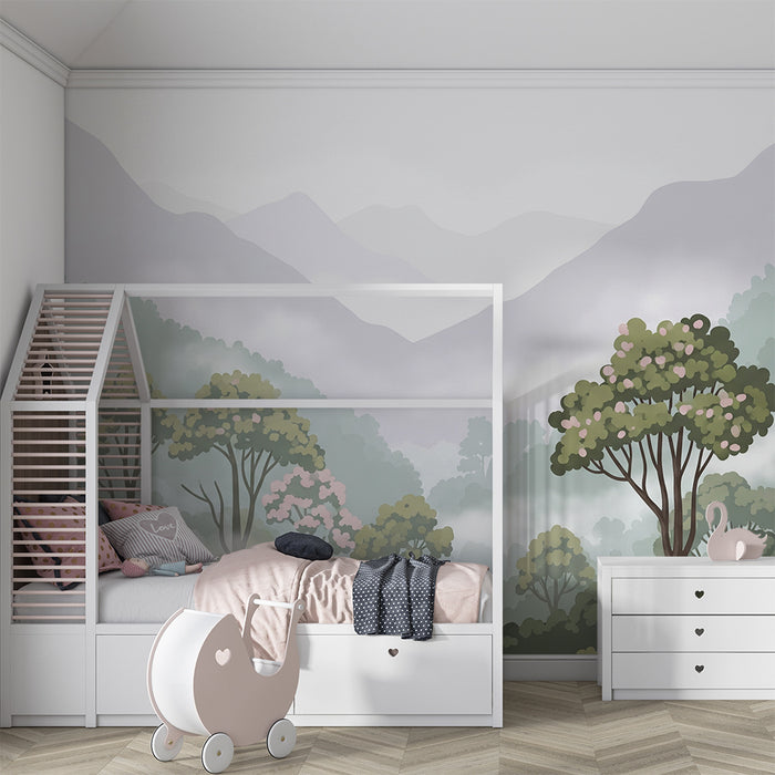 Kinderzimmer Tapete | Nebelwald mit Bäumen und Bergen
