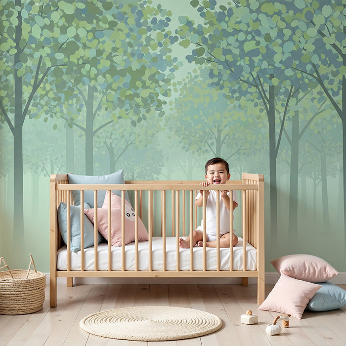 Kids room wallpaper | Misty forest with leafy trees in soft shades