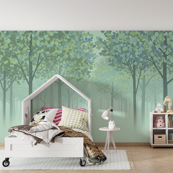 Kids room wallpaper | Misty forest with leafy trees in soft shades