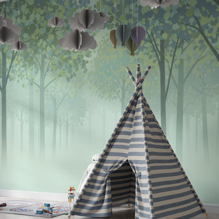 Kids room wallpaper | Misty forest with leafy trees in soft shades