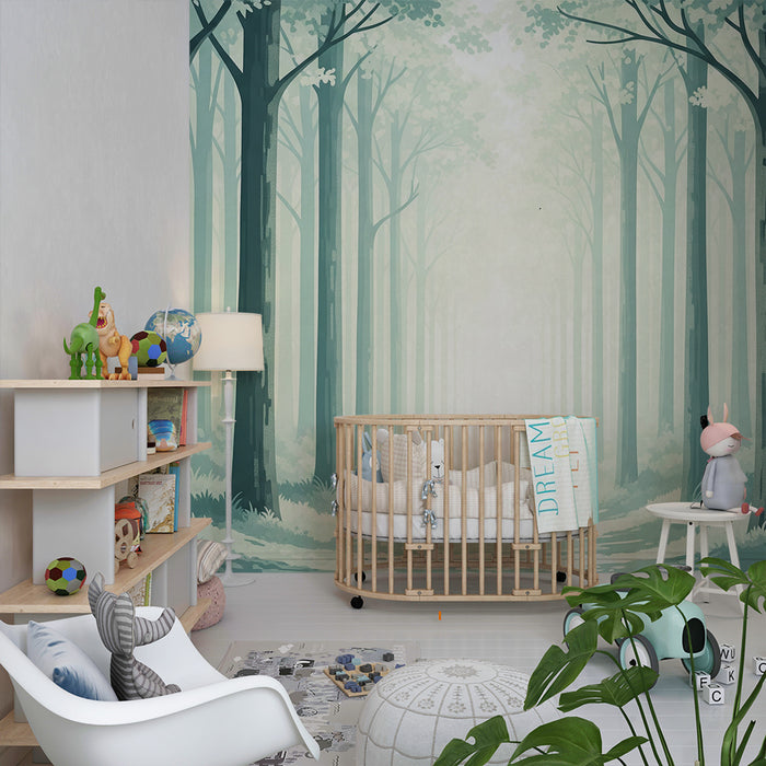 Carta da parati bambini | Foresta nebbiosa con alberi maestosi