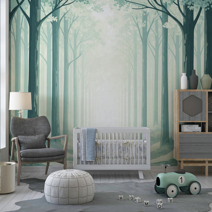Carta da parati bambini | Foresta nebbiosa con alberi maestosi