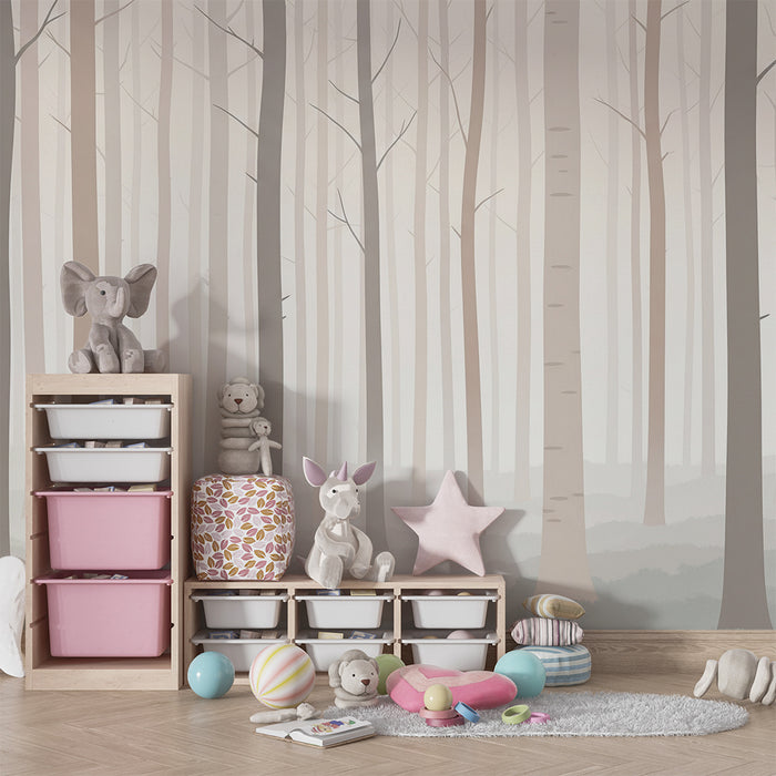 Kinderzimmer Tapete | Nebeliger Wald mit zarten Bäumen