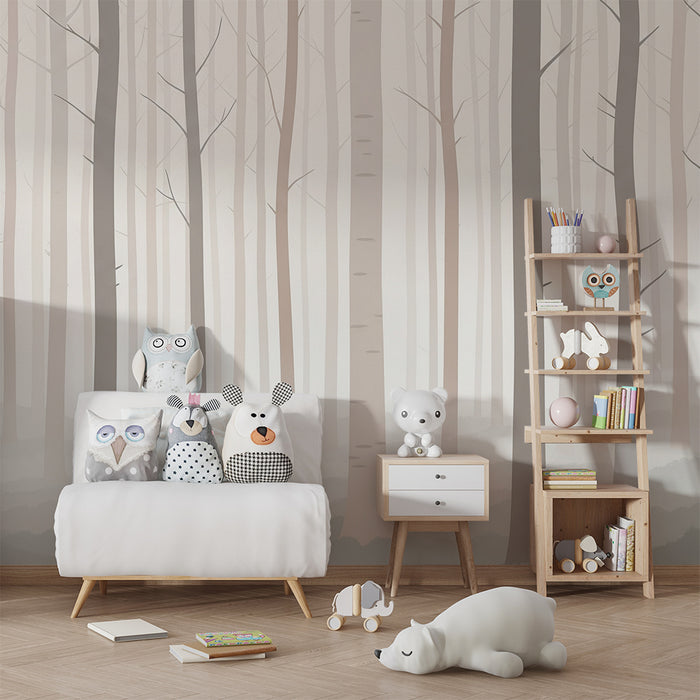 Kinderzimmer Tapete | Nebeliger Wald mit zarten Bäumen
