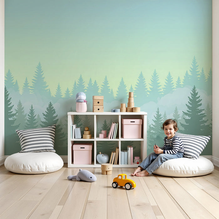 Kinderzimmer Tapete | Nebeliger Wald mit majestätischen Bäumen