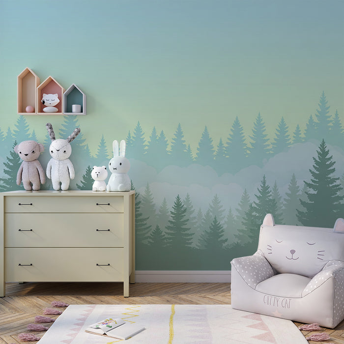 Kinderzimmer Tapete | Nebeliger Wald mit majestätischen Bäumen