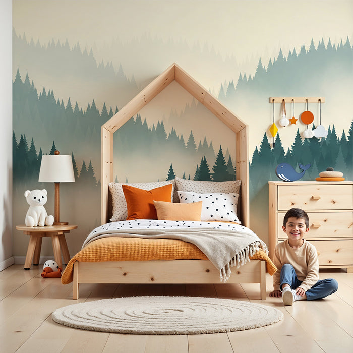 Papel de parede infantil | Floresta enevoada com coníferas majestosas