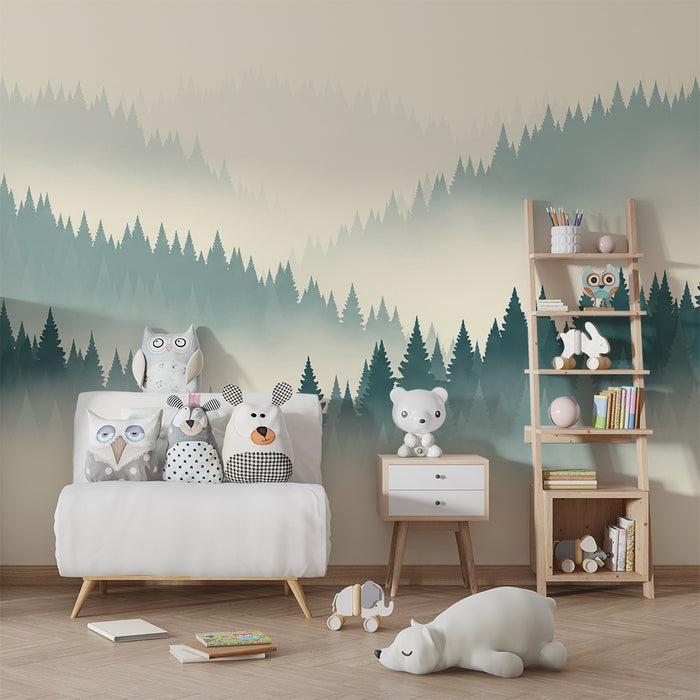 Papel de parede infantil | Floresta enevoada com coníferas majestosas