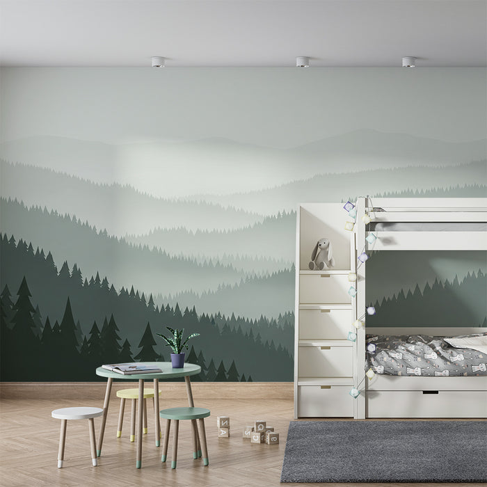 Tapet barnerom | Tåkete skog med fjell i bakgrunnen