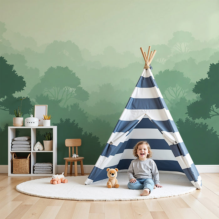 Kinderkamer behang | Mistig bos met rustgevende groentinten