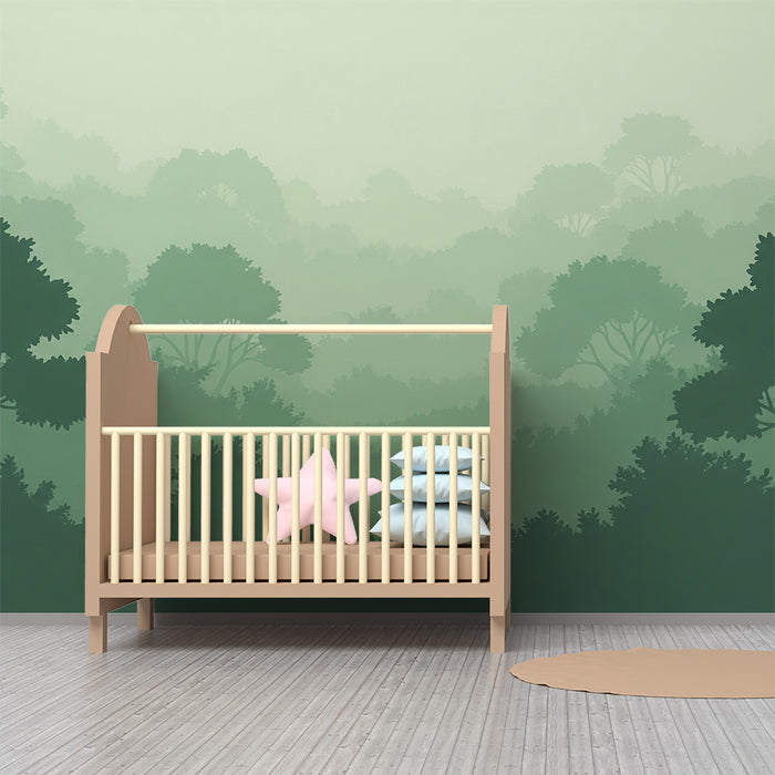 Kinderkamer behang | Mistig bos met rustgevende groentinten