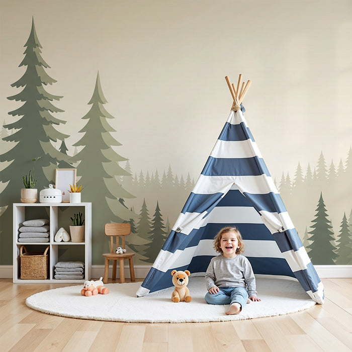 Kinderzimmer Tapete | Nebeliger Wald mit majestätischen Kiefern