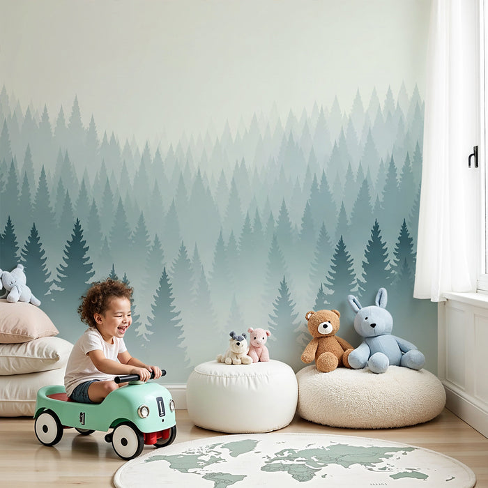 Kinderkamer behang | Mistig bos met silhouetten van majestueuze bomen