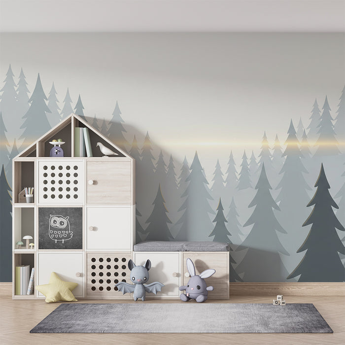 Carta da parati bambini | Foresta nebbiosa con silhouette di alberi maestosi