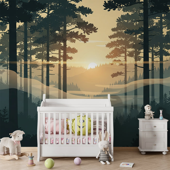 Carta da parati bambini | Foresta incantata nebbiosa al tramonto