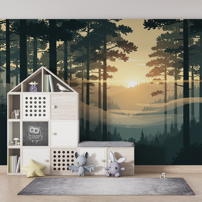 Carta da parati bambini | Foresta incantata nebbiosa al tramonto