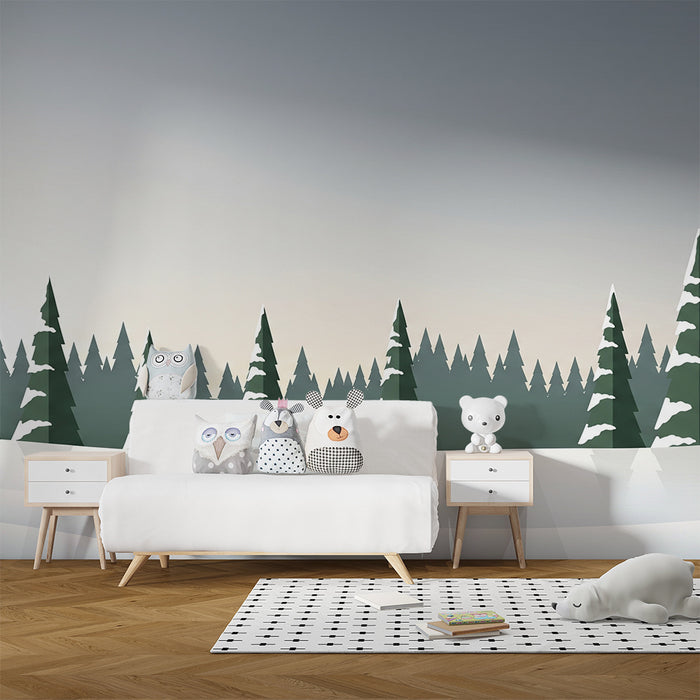 Carta da parati bambini | Foresta nebbiosa innevata con alberi di Natale
