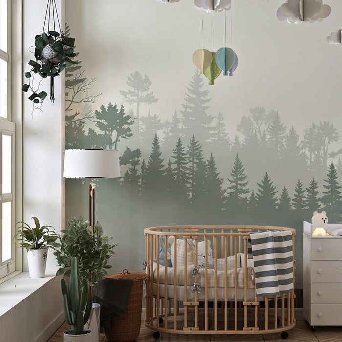 Papel pintado infantil | Bosque brumoso y tranquilo en degradado de verde