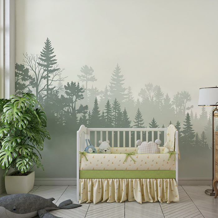 Papel pintado infantil | Bosque brumoso y tranquilo en degradado de verde