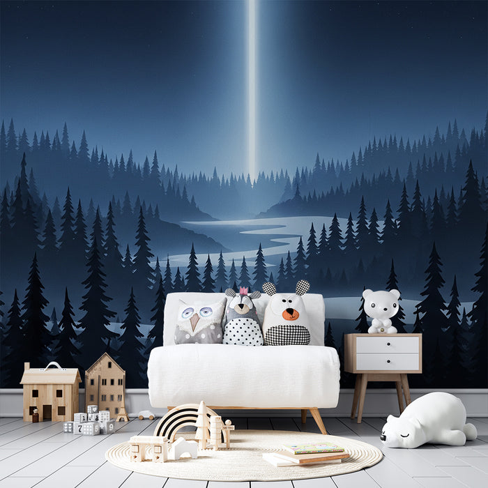 Papel de parede criança | Μυστηριώδες ομίχλης δάσος κάτω από έναν αστερωμένο ουρανό