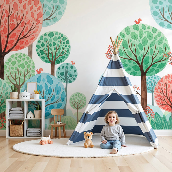 Kinderzimmer Tapete | Bunter Wald mit verschiedenen Laubbäumen