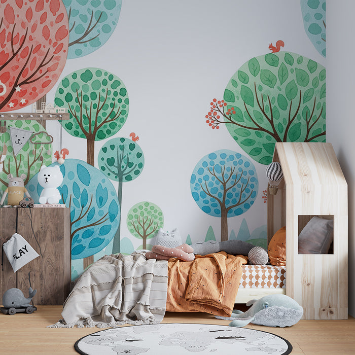 Kinderzimmer Tapete | Bunter Wald mit verschiedenen Laubbäumen